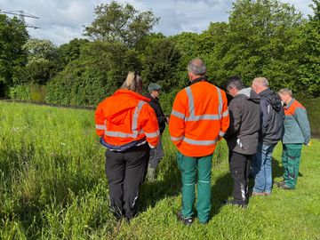 Experte Jakob-Grabow Klucken (BUND Niedersachsen) und die Bauhof-Mitarbeitenden besuchen eine 2025 angelegte Wildblumenwiese auf dem Friedhof in Salzgitter-Lebenstedt.