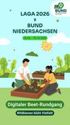 Landesgartenschau 2026 - Digitaler Beetrundgang - Startseite der Broschüre mit stilisierten Menschen, die ein Beet bepflanzen.