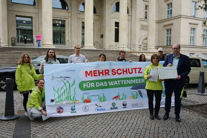 Umweltschützer stehen mit einem Banner "Mehr Schutz für das Wattenmeer" mit Umweltminister Meyer vor dem Landtag in Hannover. Foto: BUND