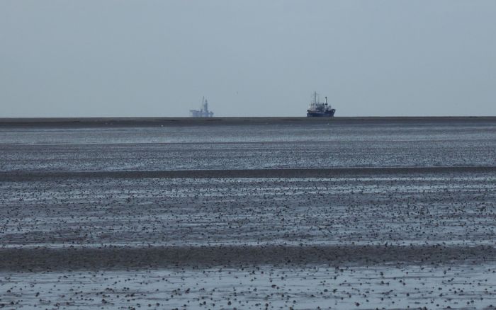 Ölplattform und Containerschiff. Potentielle Gefahren für das Ökosystem. Foto: BUND Nds.