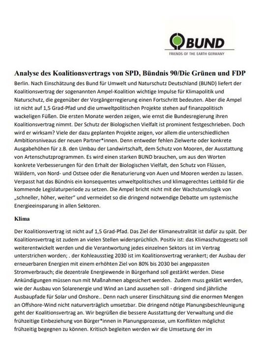 BUND-Analyse zum Koalitionsvertrag von SPD, Bündnis 90/Die Grünen und FDP - Cover
