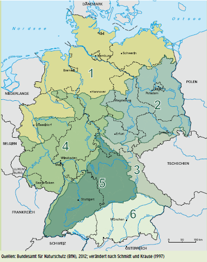 Karte der sechs Vorkommensgebiete Deutschlands Schmidt und Krause, Zur Abgrenzung von Herkunftsgebieten bei Baumschulgehölzen für die freie Landschaft, NuL 1997verändert nach Bundesamt für Naturschutz (BfN), 2012