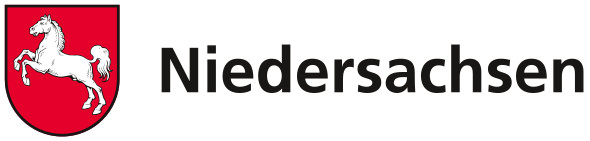 Das Logo des Bundeslandes Niedersachsen. Weißes Pferd auf rotem Grund mit dem Schriftzug Niedersachsen.
