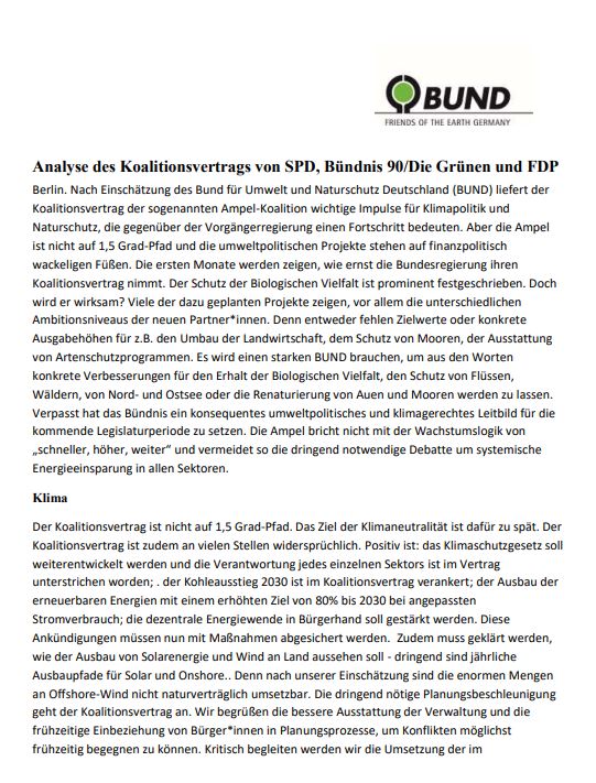 BUND-Analyse zum Koalitionsvertrag von SPD, Bündnis 90/Die Grünen und FDP - Cover
